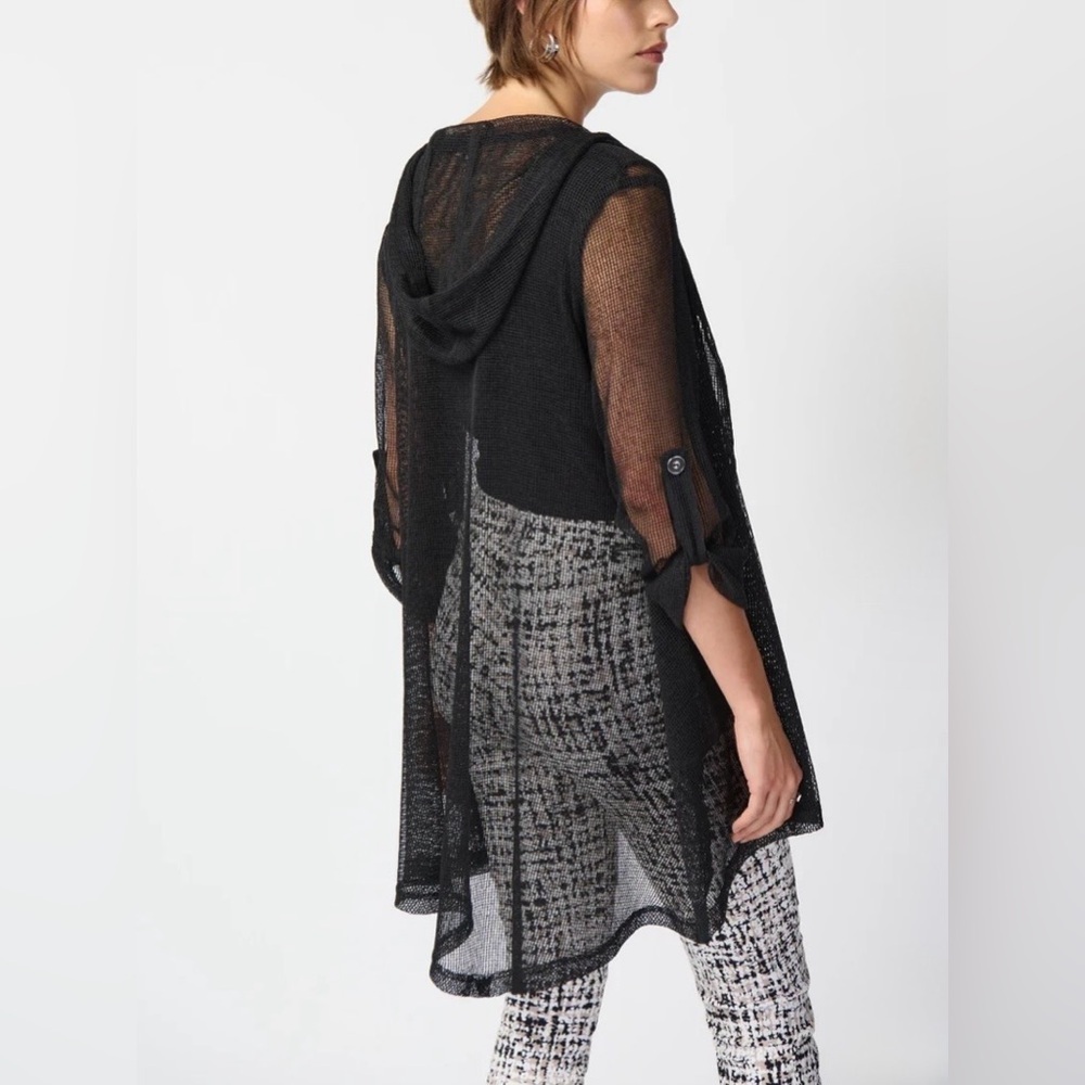 Joseph Ribkoff Black Sheer Mesh Hooded Overlay Jacket Asymmetric Hem NWT Size 6